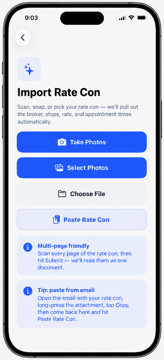 Import Rate Con screen, take photos, select from gallery, paste, or choose file