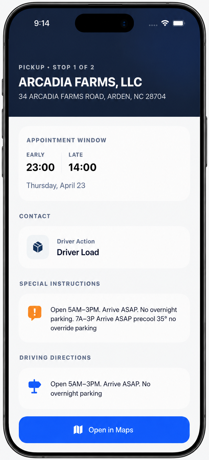 Stop detail screen with directions and contacts