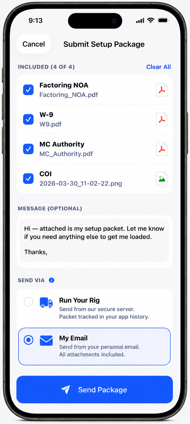 Submit Setup Package screen with MC, COI, W-9, NOA checklist